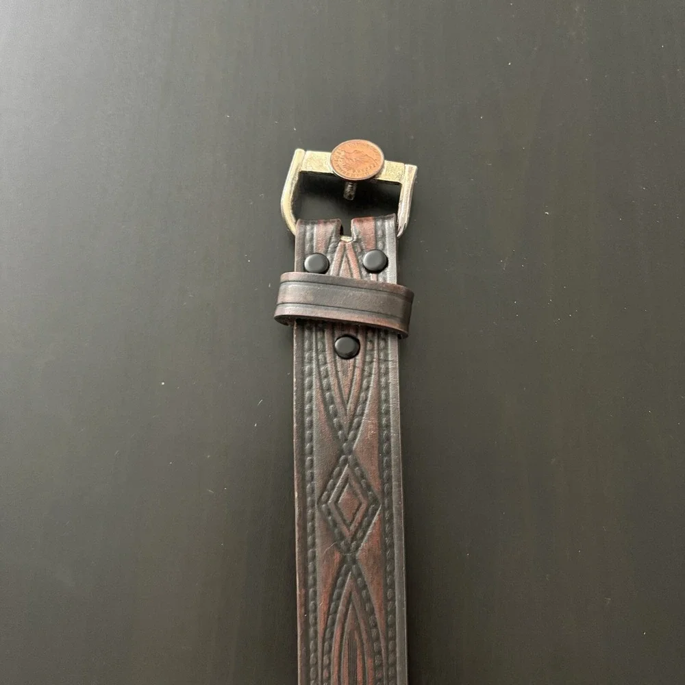 Wrangler Western Belt Embossed‎ Leather Buffalo Head Penny Buckle As Is Sz 42